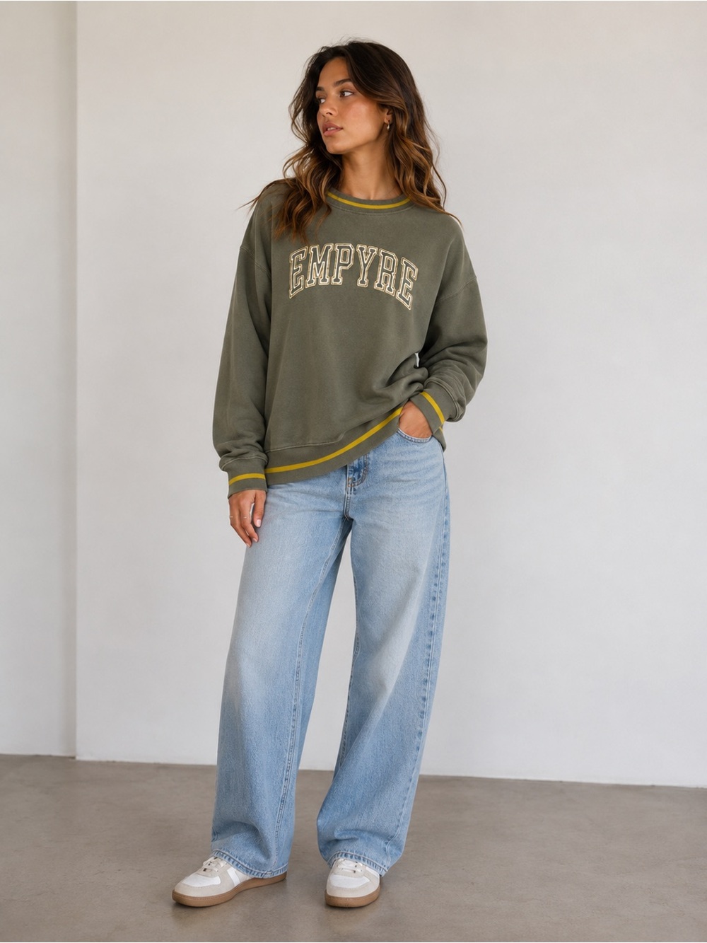 Empyre Olive Green Varsity Crewneck Sweatshirt Small Embroidered Logo